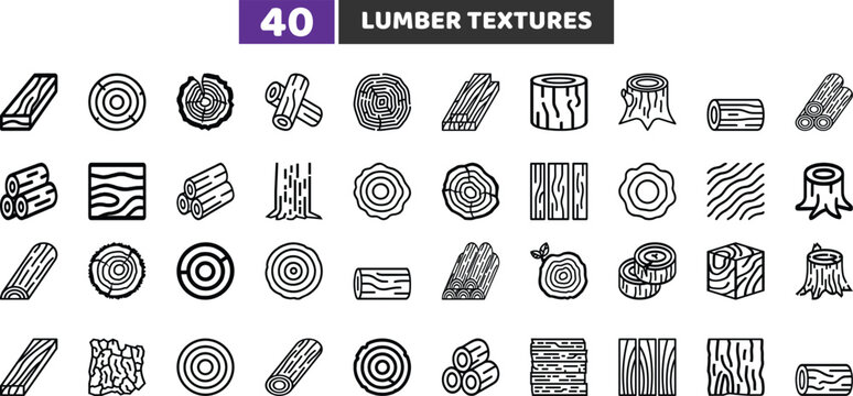 Lumber Textures and Wood Planks Icons Set, Tree Log and Grain Outline Vector Collection
