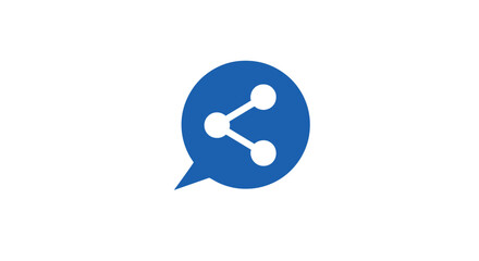 A striking blue speech bubble icon featuring a white share symbol, representing connection, communication, and the act of sharing information or content digitally, set against a stark black