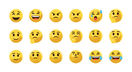 Fototapeta premium A vibrant collection of 3D rendered emojis showcasing a diverse range of emotions, from happiness and laughter to anger, sadness, and contemplation, presented against a stark black background for