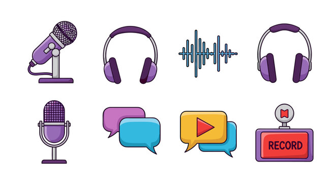 A vibrant collection of modern podcasting and audio recording icons, featuring purple microphones, headphones, sound waves, chat bubbles, a play button, and a red record button, all set against a