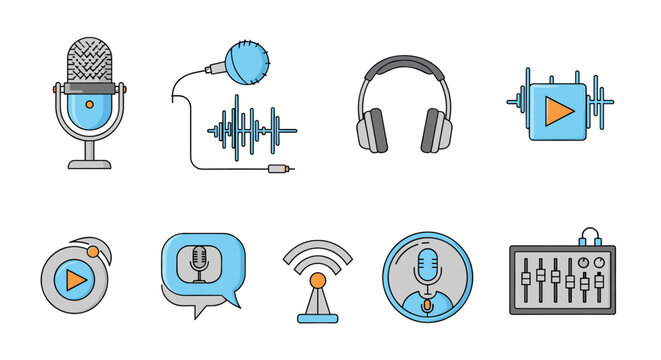 Set of flat design icons representing audio and podcasting equipment and concepts, including microphones, headphones, sound waves, play buttons, broadcasting signals, and audio mixers, perfect for