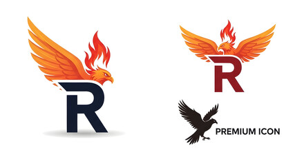 Obraz premium Phoenix bird logo design with letter R fire flame wings vector illustration for branding and corporate identity