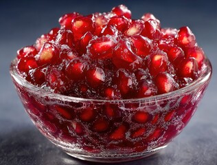 Fresh Juicy Pomegranate Seeds in Glass Bowl Close Up
