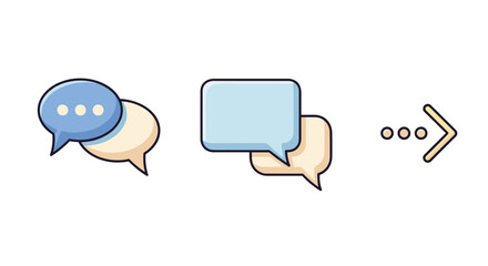 Set of three stylized speech bubble icons representing communication, conversation, and the progression of dialogue, with a final element indicating forward movement or sending a message, perfect for