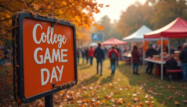 College Game Day sign stands prominently in autumn park with fallen leaves. People gather for lively outdoor event. Students, fans enjoy spirited tailgate party with food, drink, activities before