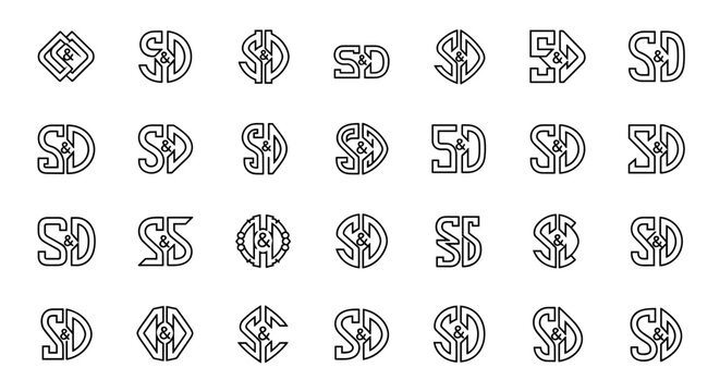 Collection of 25 unique and intricate monogram logos featuring the letters 'S' and 'D' intertwined with an ampersand symbol, presented in a clean, modern, and stylized design suitable for branding