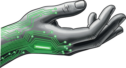 Hand with circuit board design futuristic technology concept vector illustration for digital interface and artificial intelligence themes