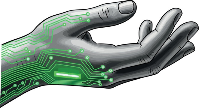 Hand with circuit board design futuristic technology concept vector illustration for digital interface and artificial intelligence themes