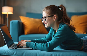 Smiling young woman in glasses works on laptop. Girl uses computer on blue sofa at home. Studies online, browses internet content. Female freelancer types keyboard, enjoying tech, relaxed remote work