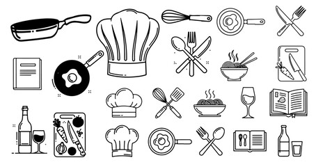 Vibrant collection of culinary icons capturing the essence of cooking and dining, perfect for recipe blogs, restaurant branding, and food education materials