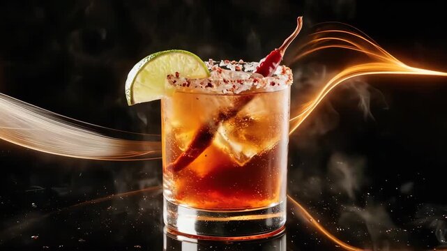 Spicy cocktail with chili pepper, lime slice, and ice on a dark background