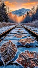 Snowy Train Tracks Leading to Sunrise in Mountain Valley With Frosted