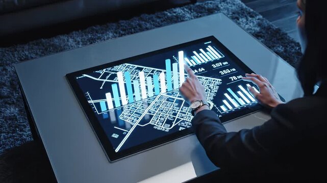 Professional analyzes urban planning data on interactive touchscreen display. Digital city map with statistical charts, demographic metrics and infrastructure visualization. Smart technology - Powered by Adobe