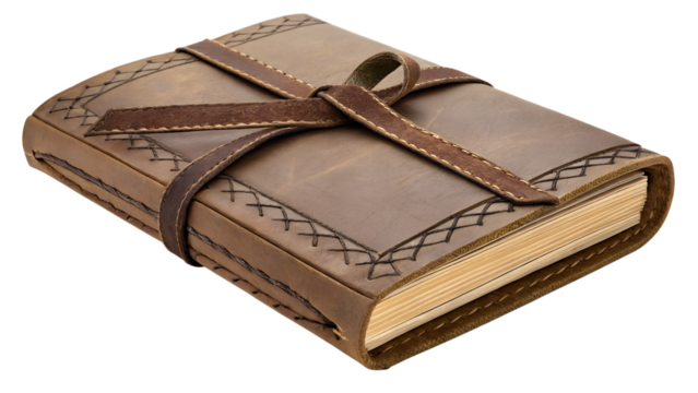 Leather-bound journal with ribbon, soft shadows and detailed texture, isolated transparent PNG