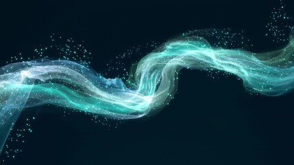 Beautiful abstract background with a luminous turquoise and white ribbon of light and sparkling particles flowing in an elegant, ethereal wave against a dark, magical backdrop - Powered by Adobe