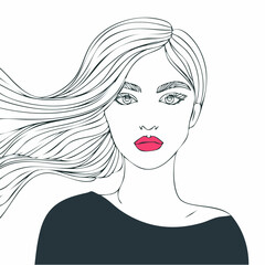 flowing-line portrait of woman with wind-swept hair and vivid red lips; posters, prints, and framed wall art for salons and studio spaces