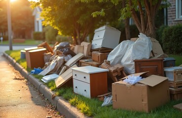 Discarded household items clutter residential street curb. Furniture, boxes, and rubbish await bulk waste collection. Clear out day for disposal and decluttering.