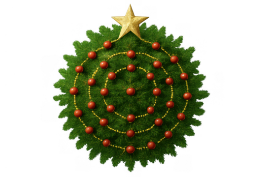 Christmas tree branches forming a flat spiral shape, decorated with red ornaments and golden bead garlands, with a star on top - Powered by Adobe