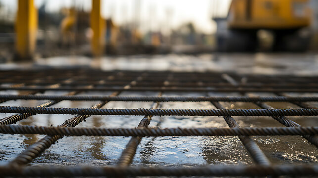 A network of sturdy steel rebar laid out, ready to reinforce the foundation of a new structure. Construction vehicles are in the background, blurred and busy at work.