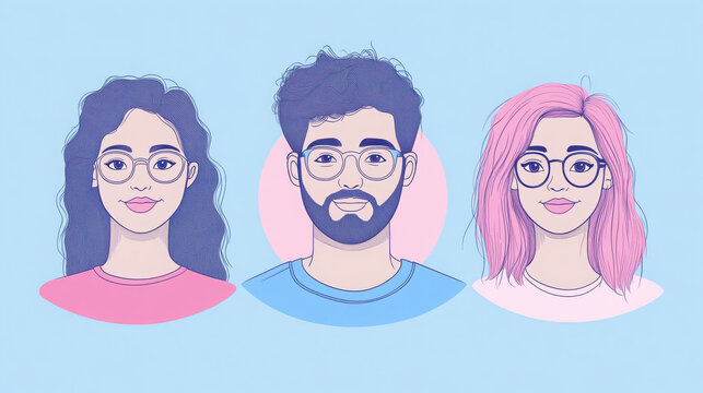 Minimalist flat art of cartoon coworkers in silver, blue, and pink tones, outlined in clean vector lines, gathered for a meeting that blends teamwork, creativity, and modern design aesthetics.
