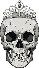 Elegant skull wearing jeweled crown, gothic royal illustration with dark vintage style
