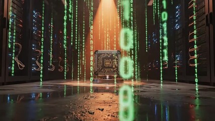 Futuristic microchip glowing under spotlight amidst falling binary code in a server room. - Powered by Adobe