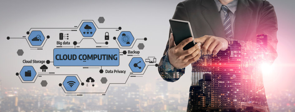 A business professional engages with cloud computing icons while exploring data privacy and big data concepts against a futuristic urban skyline. Tessel - Powered by Adobe