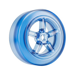 Obraz premium Glossy blue alloy car wheel rim with a modern five-spoke design, showcasing a sleek and futuristic automotive component.