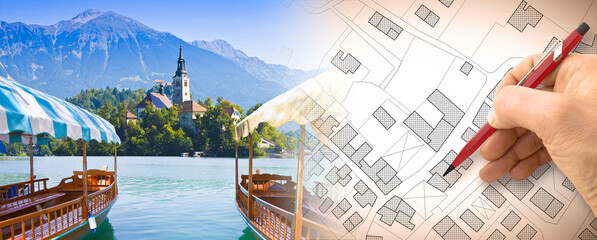 Looking for a house in Bled - Slovenia - concept image with the typical wooden boats, called Pletna, in the most famous lake in Slovenia with the island of the church and an hypothetical city map (Eur © Francesco Scatena