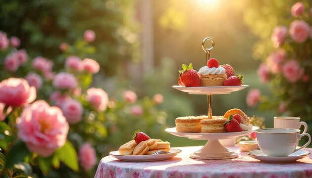 Table with cakes and tea set in garden. Pink roses bloom around tiered stand with pastries. Sunlight falls on floral cloth with cups and scones. Relaxing outdoor meal.