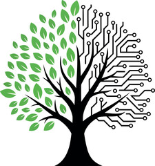 Hybrid tree vector illustration combining natural leaves and electronic circuit board concept for technology and environment