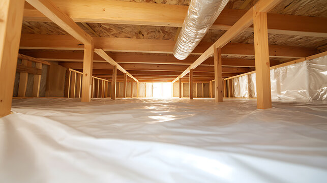 A crawl space with wooden beams and a white plastic barrier, illuminated by natural light streaming in from the far end, creating a clean and functional under-house area.