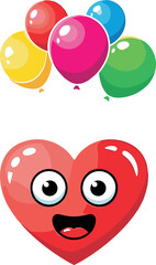 Colorful balloons and smiling cartoon heart character illustration for celebration, love, happiness, party decoration, greeting card, and festive design.