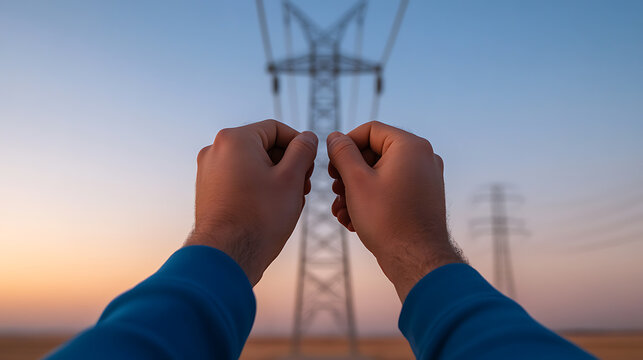 Hands framing a tower in the distance, casting a silhouette against the horizon. The sky transitions from warm hues to a cooler blue, while the landscape remains an earth-tone.