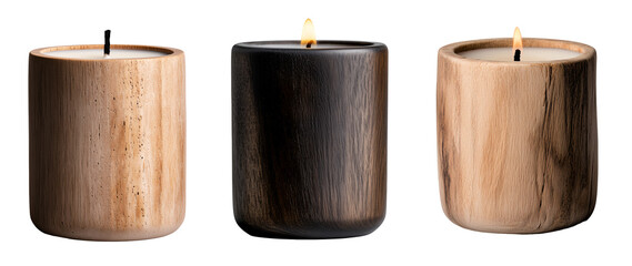 set of burning candles with fire, candle made of different materials like wood, glass, ceramic, wax, concrete. cosy home decoration in grey, pink