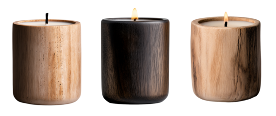 set of burning candles with fire, candle made of different materials like wood, glass, ceramic, wax, concrete. cosy home decoration in grey, pink