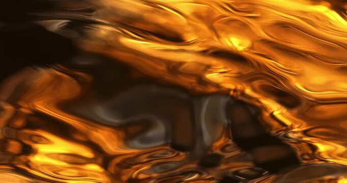 Slow Motion Macro of Abstract golden oil reflections flowing in smooth motion, macro shot with warm metallic textures and fluid light movement at 1000 fps
