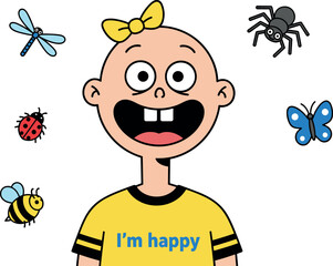 Happy cartoon child with insects, smiling face, yellow outfit, joyful emotion, educational character illustration for kids and nature themes.