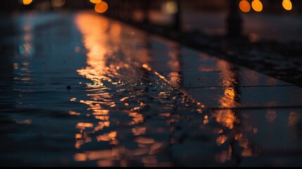 Wet cobblestone reflects city lights at dusk, creating a warm, moody glow after a rain shower