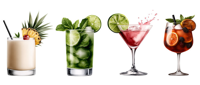 set of watercolor glasses with drinks like cocktails, red wine, mojito, piña colada with ananas, margarita with lime, martini beverages isolated on transparent background	