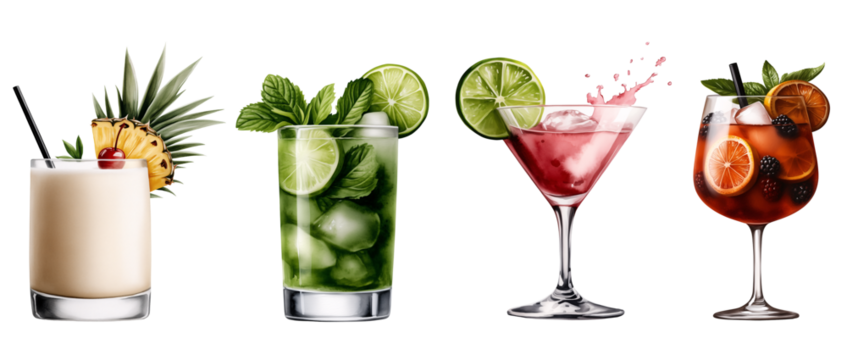 set of watercolor glasses with drinks like cocktails, red wine, mojito, piña colada with ananas, margarita with lime, martini beverages isolated on transparent background	