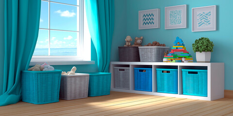 Bright and cozy children's room with turquoise accents, storage baskets, toys, and large sunny window