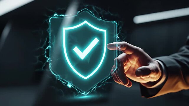 Professional hand touches glowing holographic shield with checkmark symbol. Cybersecurity protection interface represents digital security verification, data encryption, network defense