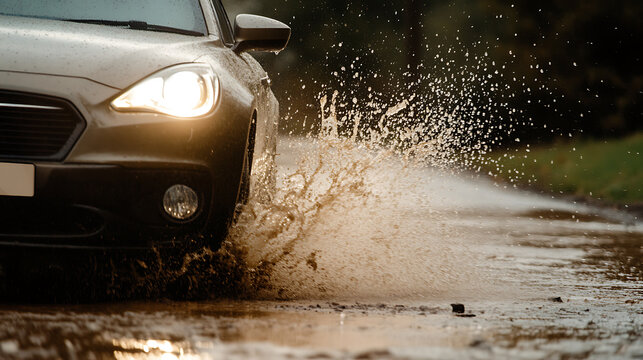 Car drives through a flooded road with splashes of water. The car's headlights are on, illuminating the scene and highlighting the motion of the vehicle through the water.