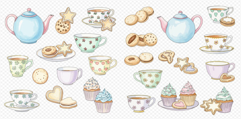Watercolor illustration set of cute pastel teapots, teacups, cookies, and cupcakes for a charming tea party.