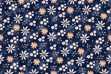 Floral seamless pattern with white and pale yellow flowers and leaves on dark blue background