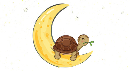 Whimsical turtle sitting on crescent moon with leaf in mouth, dreamy night sky stars and sparkles, cute cartoon illustration