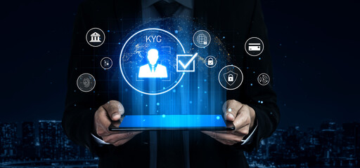 Digital KYC verification with biometric scan, ID authentication, and financial security icons...