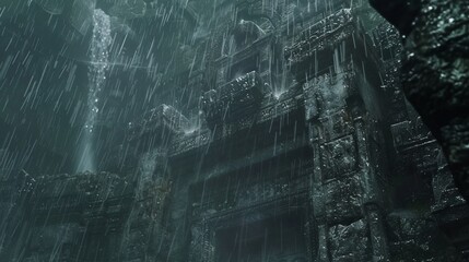 Obraz premium Ancient, stone structure being drenched by heavy rain, weathered and moody