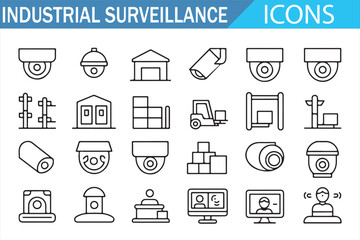 Factory surveillance symbols — cameras, fences, and checkpoints